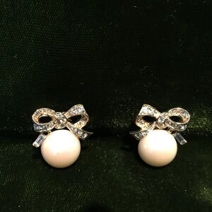Elegant Gold and Silver Bow Pearl Earrings